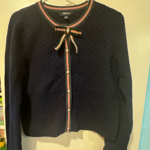 New Navy Prich cardigan with pink trim. Removable bow - Picture 2 of 5